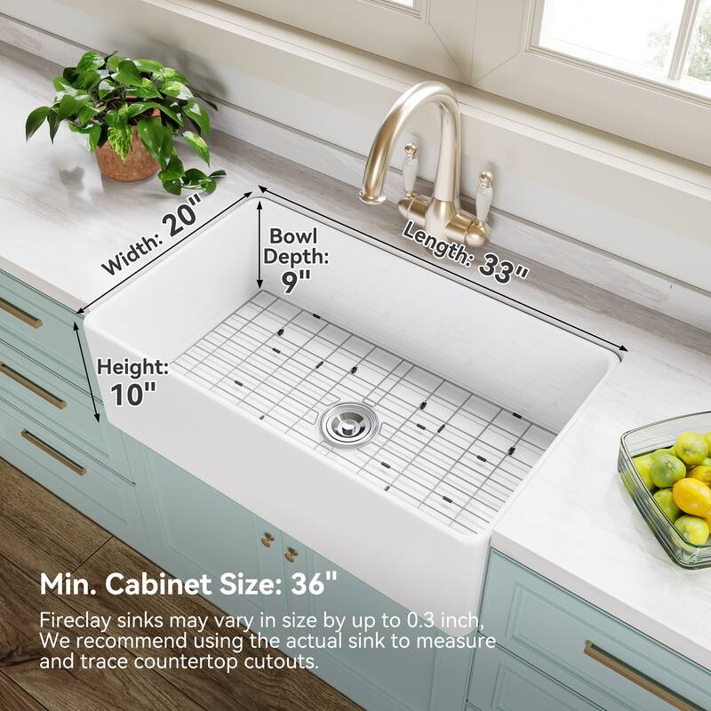 HOROW White Fireclay 33 in. Single Bowl Kitchen Sink Farmhouse Apron Front with Bottom Grid and Strainer - 33x20 Inch