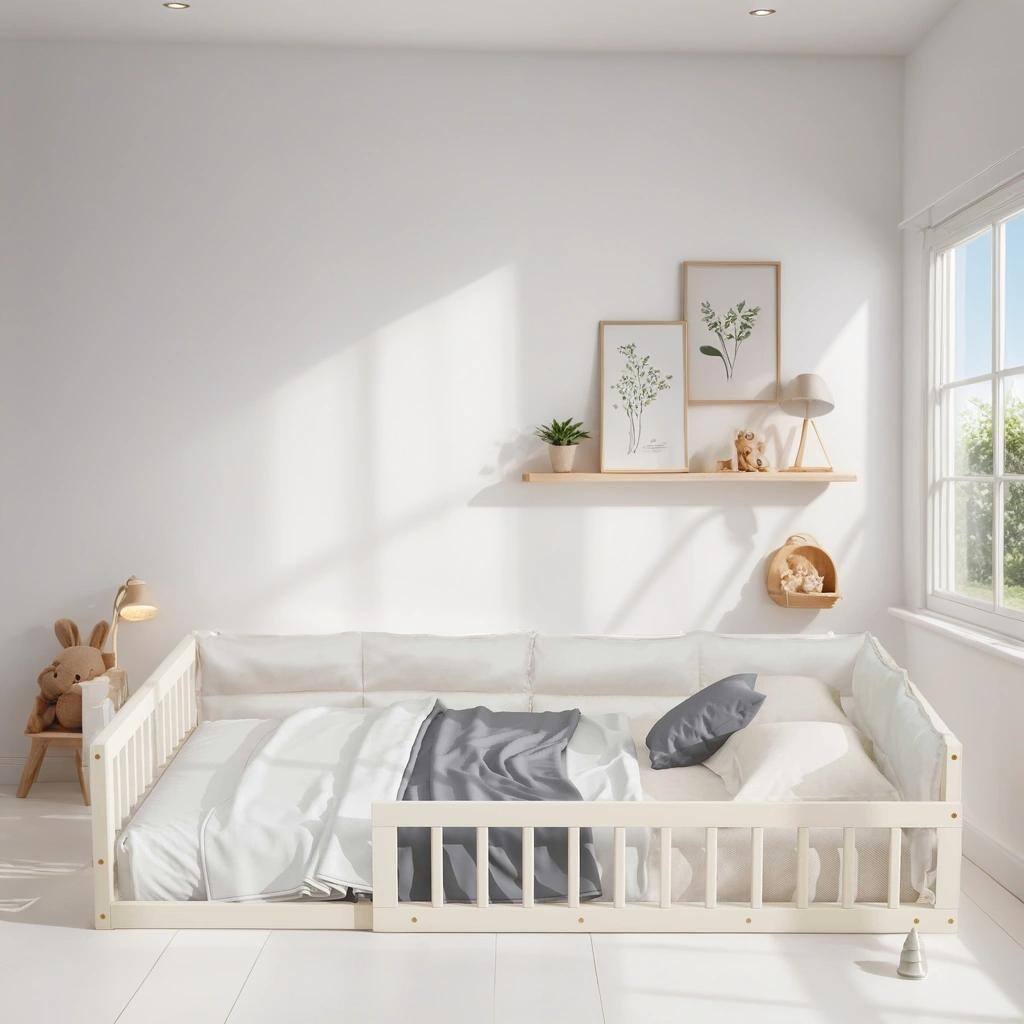 Full Size Upholstered Platform Bed Frame with Full Length Guardrail, Pine Wooden Bed with Pillow, Soft Beige