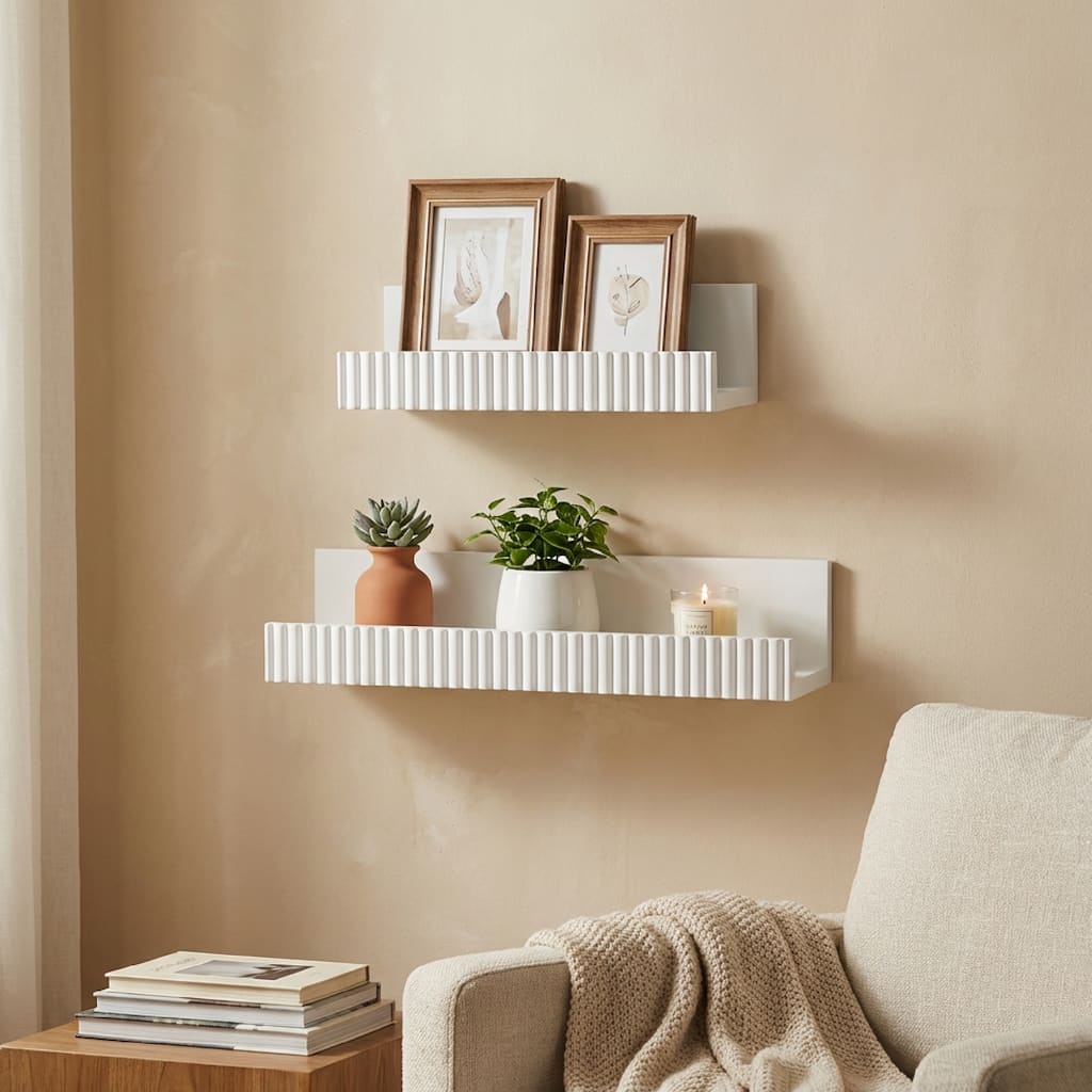American Art Decor Ribbed 2-Piece Floating Wall Shelf Set, White Shabby Chic - 3.93" x 15.75"