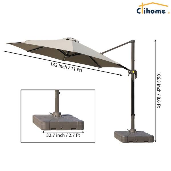 Clihome 11Ft Solar LED Patio Cantilever Umbrella With Crank & Base