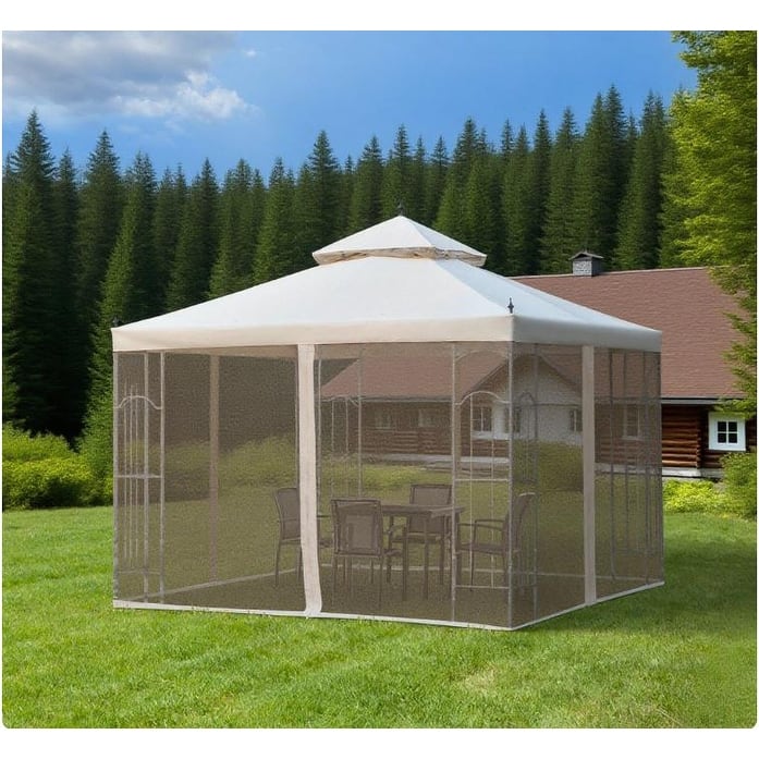 Double Roof Outdoor Gazebo Canopy Shelter with Corner Shelves and Protective Mesh Netting
