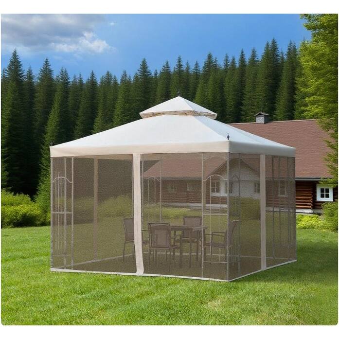 GDFStudio - 9.8'x9.8' Double Roof Patio Gazebo with Corner Shelves, Mesh Netting & Decorative Design - Cream White