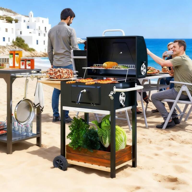 GDFStudio - Stainless Steel Portable Charcoal BBQ Grill with Storage & Wheels - Stainless Steel
