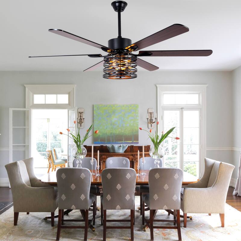 Cusp Barn 65 Inch Chandelier Fan Farmhouse Ceiling Fan with Light, Black Industrial Caged Silent Reversible DC Motor Ceiling Fan