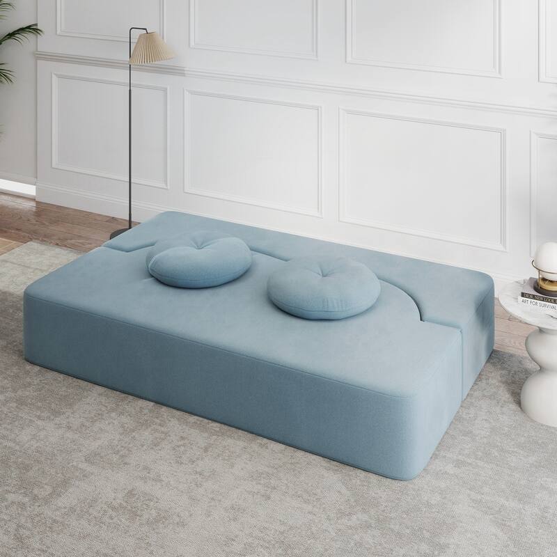 Modern Floor Sofa with 2 Pillows,Convertible Plush Corduroy Foam-Filled Sleeper Sofa Bed