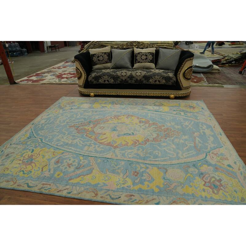 Handmade Blue Floral Oushak Vegetable Dye Area Rug, Medallion Carpet - 9' 9'' X 8' 2''