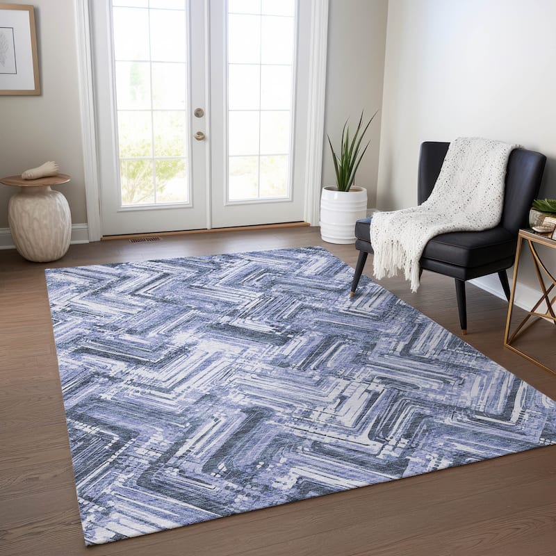 Machine Washable Indoor/ Outdoor Chantille Modern Chevron Rug - Blue - 10' x 14'