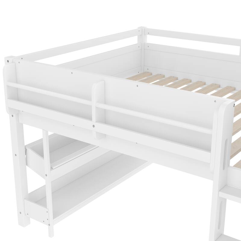 Low Solid Wood Loft Bed with Bookcase, Desk, Drawers and Storage Boxes
