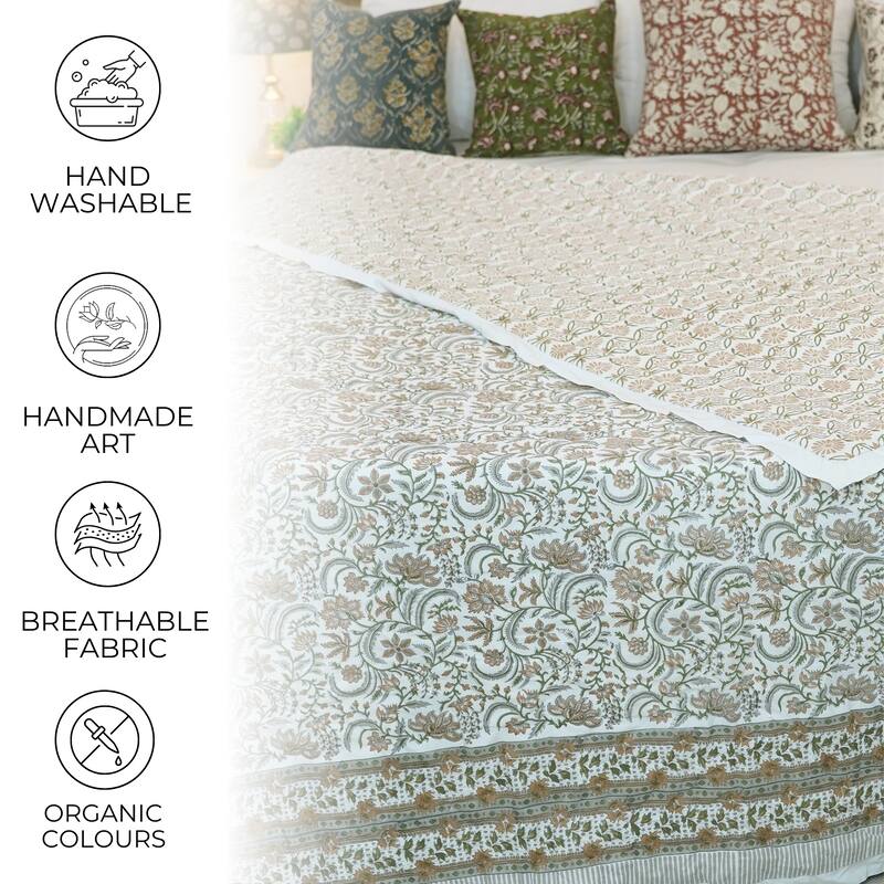 Fabdivine Luxury Hand Block Print Cotton Quilt Floral Boho Bedding for Bedroom & Sofa, Green Gray, Handmade Reversible Bedspread
