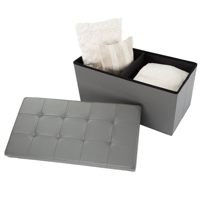 Large Foldable Storage Bench Ottoman- Tufted Faux Leather Cube Organizer Furniture by Lavish Home - 30 x 15 x 15