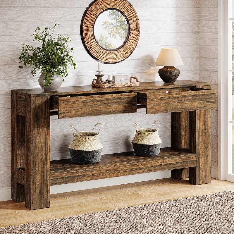 63” Console Table Behind Couch with 2 Storage Drawers