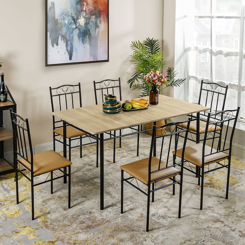 Homy Casa 7-Piece Dining Set, MDF Table & 6 Metal PU Chairs