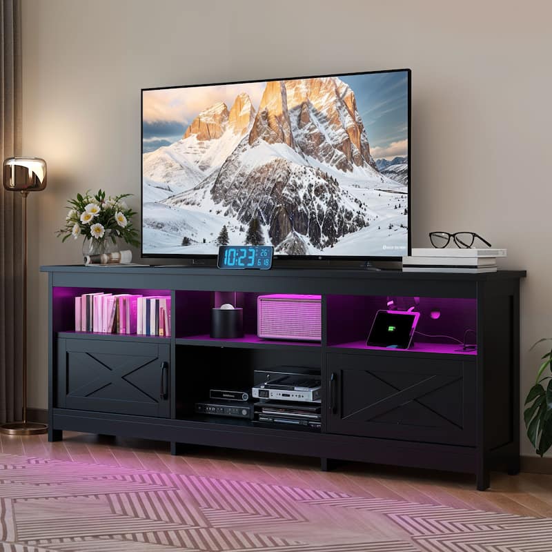 Moasis Farmhouse 70"W TV Stand with LED Lights, Outlets - Black
