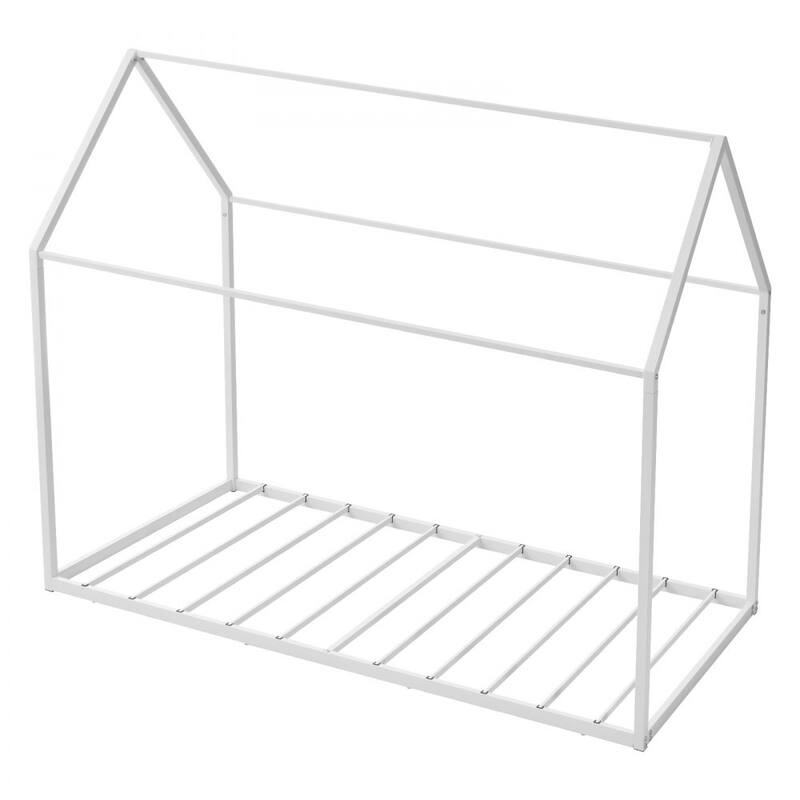 Twin Size White Metal Kids House Bed Frame with Floor Safety and Roof Creative Play Space