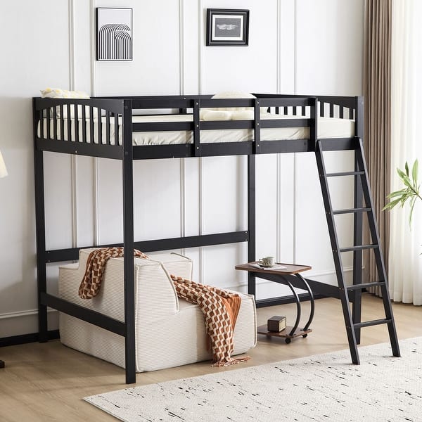 slide 2 of 16, Solid Wood Loft Bed with USB Charging Station/LED with Flat Rungs,No Box Spring Needed Black - Full