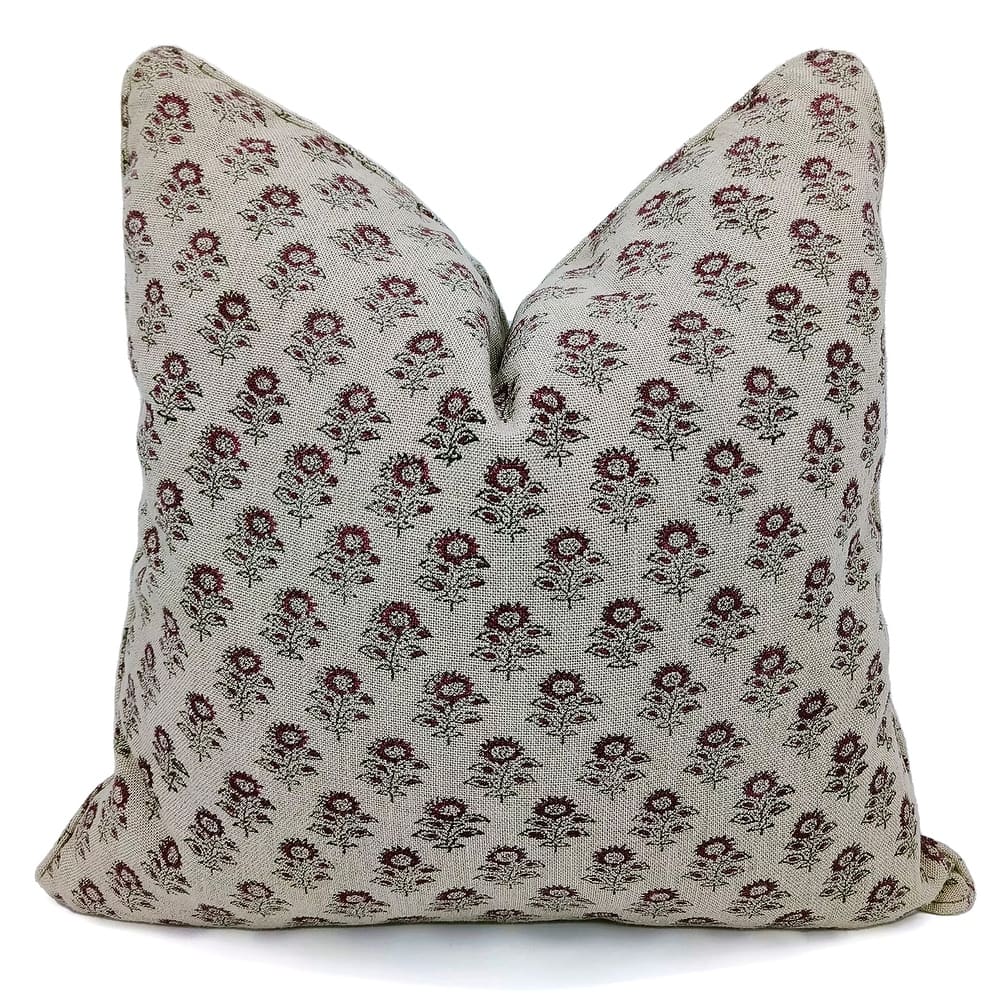 Fabdivine Red Heavy Linen Floral Block Print Hidden Zipper Pillow or Cushion Cover