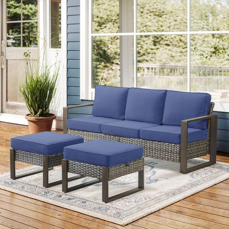 Gymojoy Outdoor Wicker Patio Furniture Sofa Set - 3-Piece Sofa Set - Ottomans - Grey Wicker / Blue Cusion