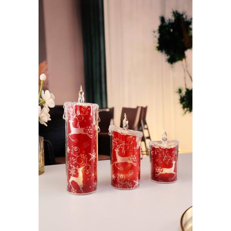 3-Piece Reindeer Snowflake LED Flameless Candle Lights 9.5" Red Clear