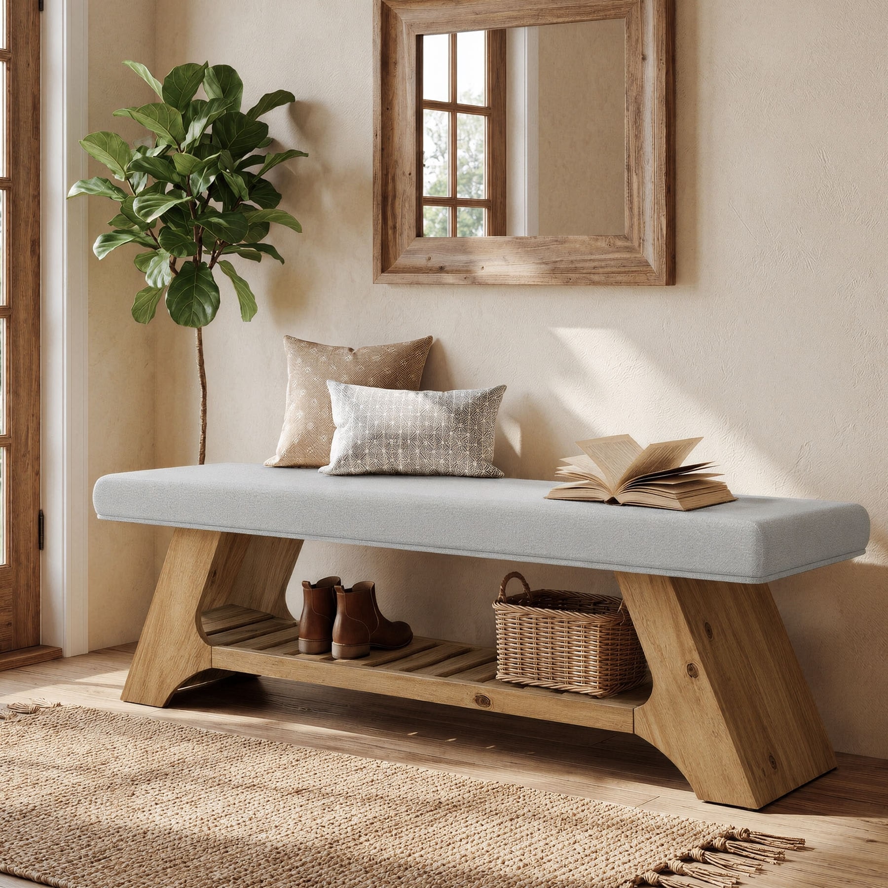 55" Solid Wood Upholstered Bench, 2-Tier Farmhouse Entryway Bench Seating