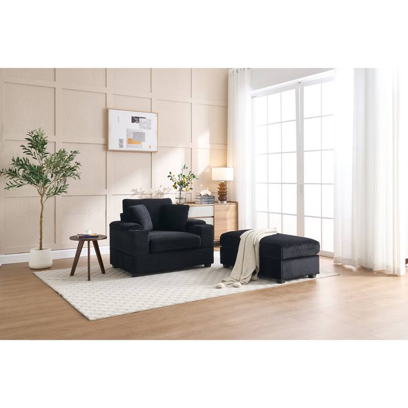 Corduroy Upholstered Chaise Lounge Sofa With Handrail Storage,Movable Ottoman,Cupholders,Detachable Cushions Deep Seat