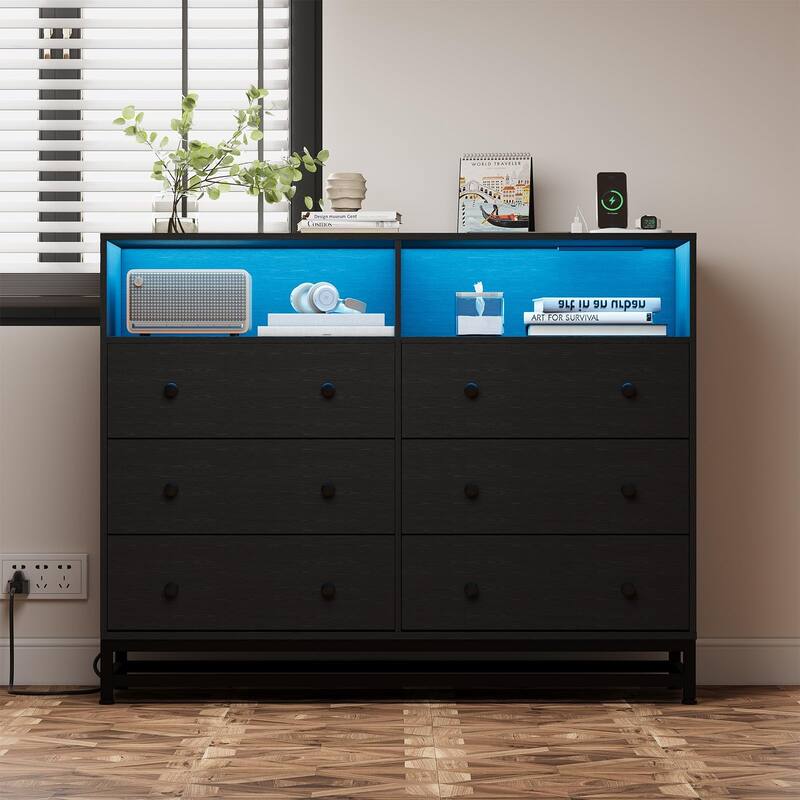 6-Drawer Double Dresser for Bedroom, Wooden TV Stand with LED Lights & Power Outlet, Storage Cabinet for Closet