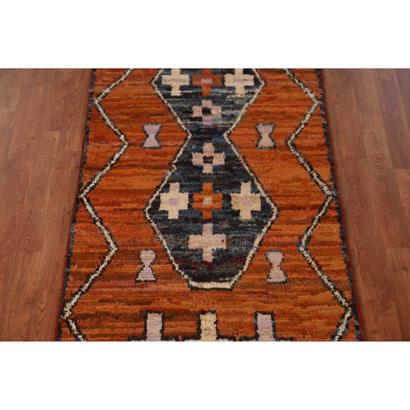 Orange Moroccan Oriental Runner Rug Handmade Tribal Wool Carpet - 2'11" x 9'10"