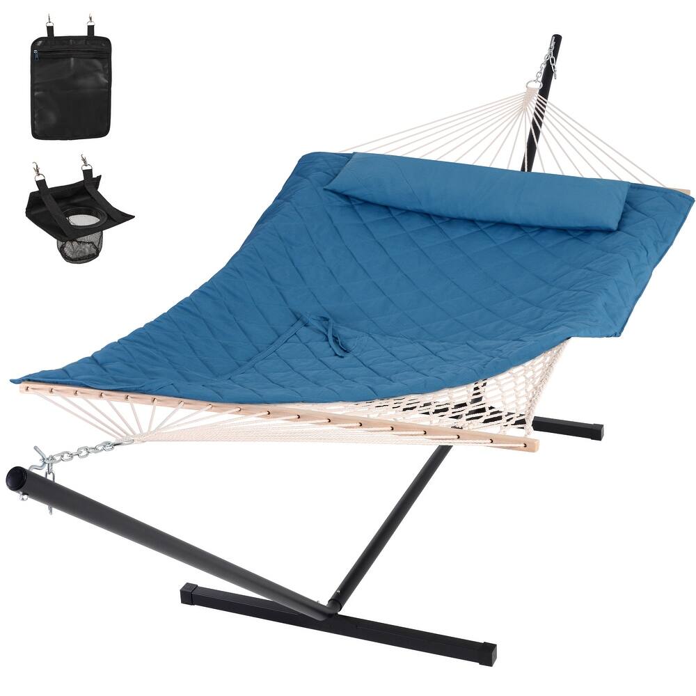 Double Hammock with Stand Included, Rope Hammock with Detachable Pillow and Hammock Pad, 450 LBS Weight Capacity, Blue