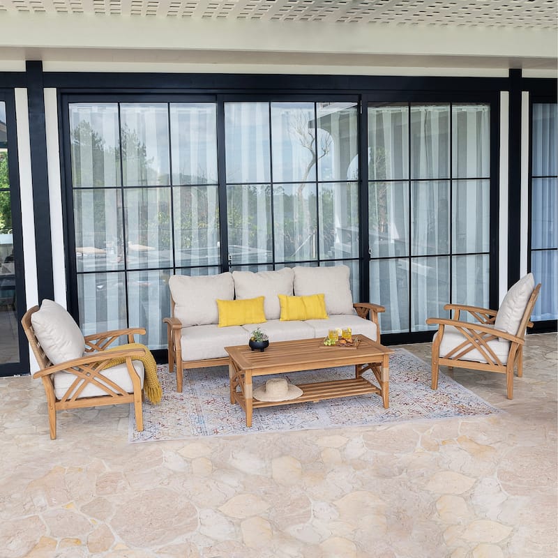 Cambridge Casual Carmel Teak Wood Patio Conversation Set of 4 - Natural Teak/Tan Cushion