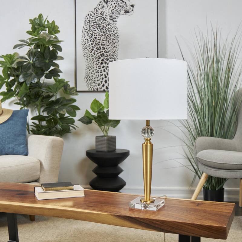Gold Metal Inverted Cone Shaped Room Accent Lamp with Glass Ball Accent and Square Base - Gold