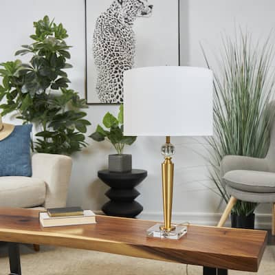 Gold Metal Inverted Cone Shaped Room Accent Lamp with Glass Ball Accent and Square Base