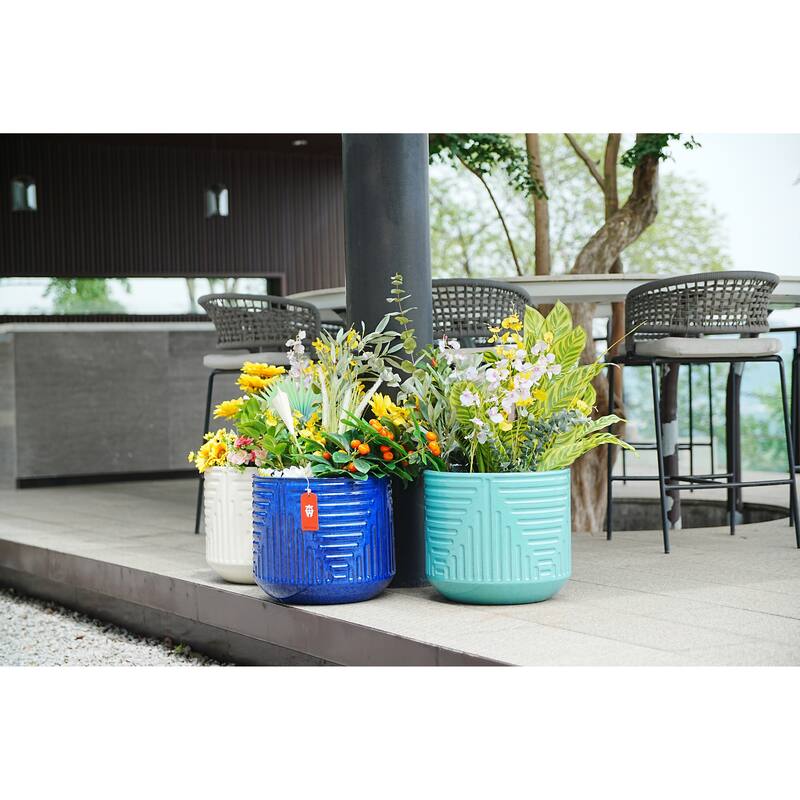Turquoise Ceramic Planter - 16 Inch Square Modern Striped Flower Pot with Drainage Hole - Cyan
