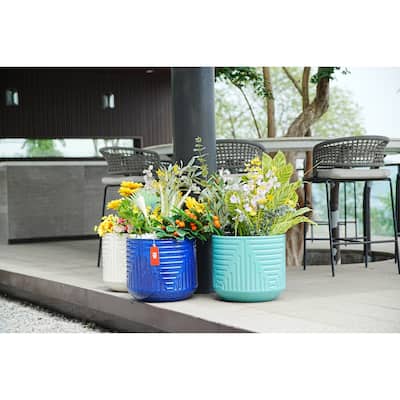 Turquoise Ceramic Planter - 16 Inch Square Modern Striped Flower Pot with Drainage Hole