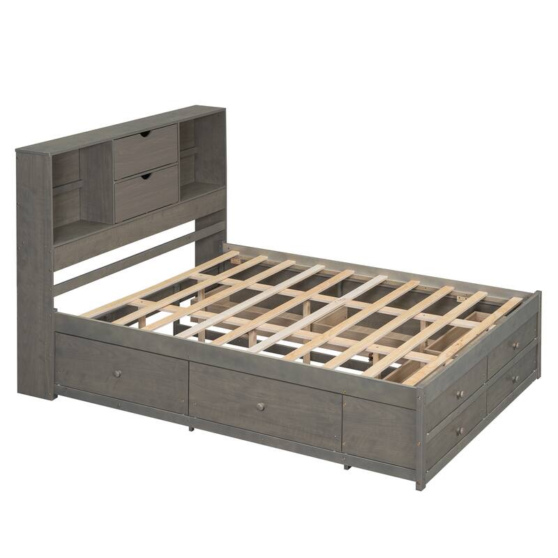 Queen Size Platform Bed with Storage Headboard & 8 Drawers - Gray