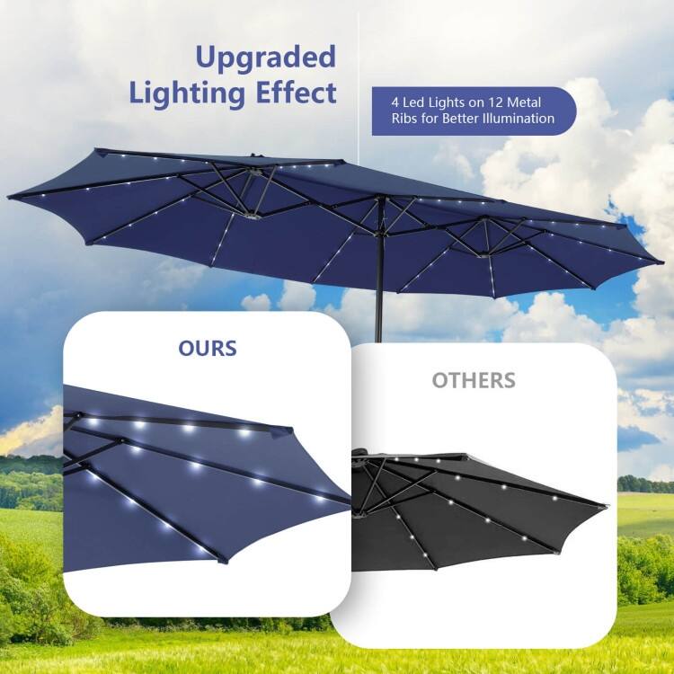 15FT Double Sided Patio Umbrella with LED Lights and Hand Crank Canopy