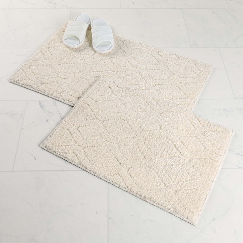 Blue Nile Mills Diamond Lattice Textured Non-Slip Washable Bath Rugs - Set of 2 - Ivory - Large