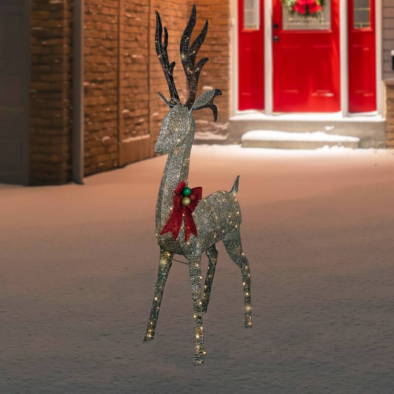 74" LED Lighted Champagne Deer with Red Bow Outdoor Christmas Decoration
