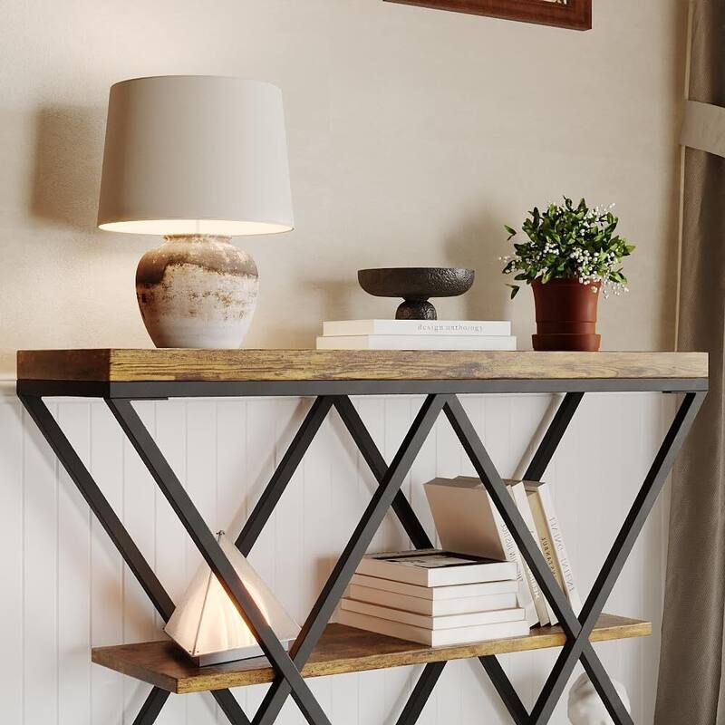 3-Tier X-Shaped Console Table, Entryway Table with Storage Shelf