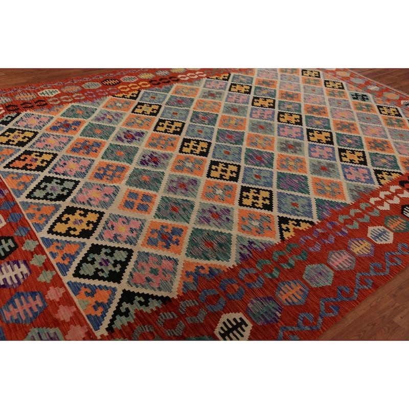 All-Over Trellis Kilim Oriental Area Rug Flatweave Wool Carpet - 8'6"x 11'9"