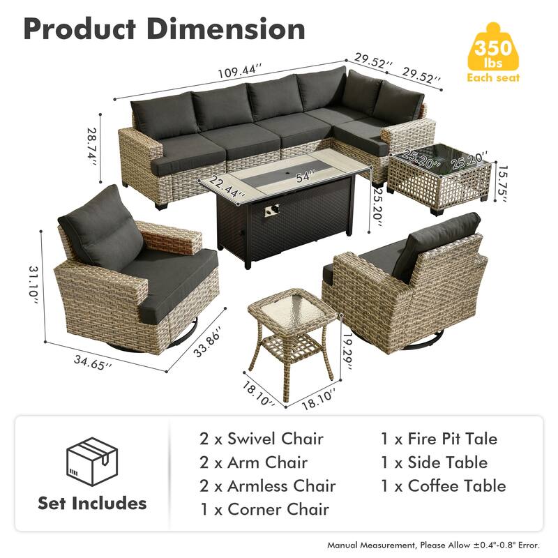 OVIOS 10 Pieces T shaped Seat Wide Armrest Swivel Chair Set With Solar-Powered Table&Fire Pit
