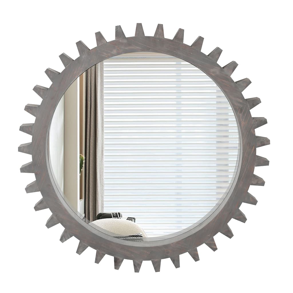 Vintage 26"x 26"Wall Wood Round Hanging Gear Shape Heavy Decorative Mirror For Bathroom Living Room Entryway Or Put Together