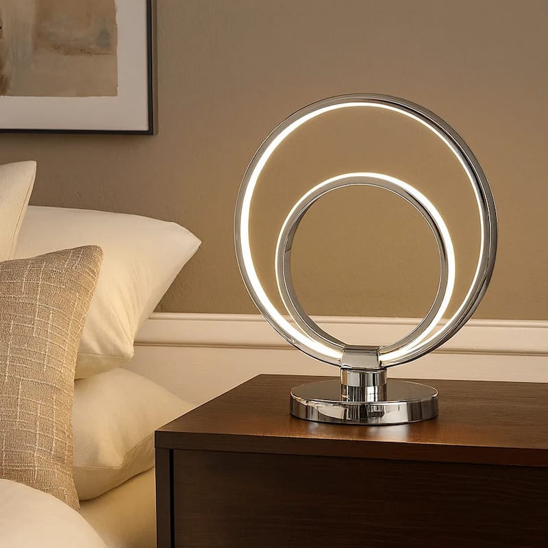 14 Inch Table Lamp, Modern Ring LED Light, Round Metal Base, Silver