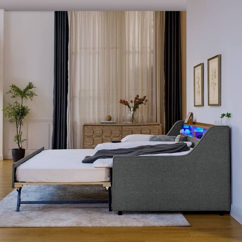Twin Size Upholstery Sofa Bed with Three LED lights, with Storage Adjustable Headboard