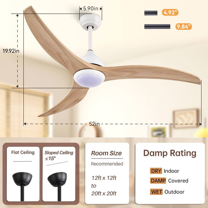 52 inches Indoor Solid Wood 6-Speed Ceiling Fan with Lights, Slient 3-Color Futuristic Ceiling Fan with Remote - 52 Inches
