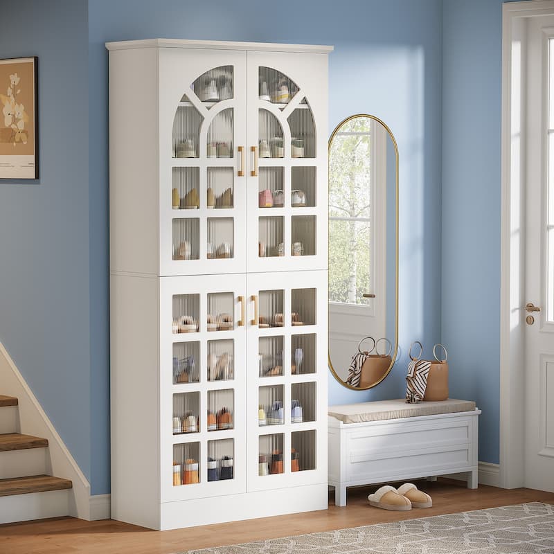 8-Tier Tall Shoe Cabinet with Doors & Led Lights and Adjustable Shelves - 1-Piece(White)