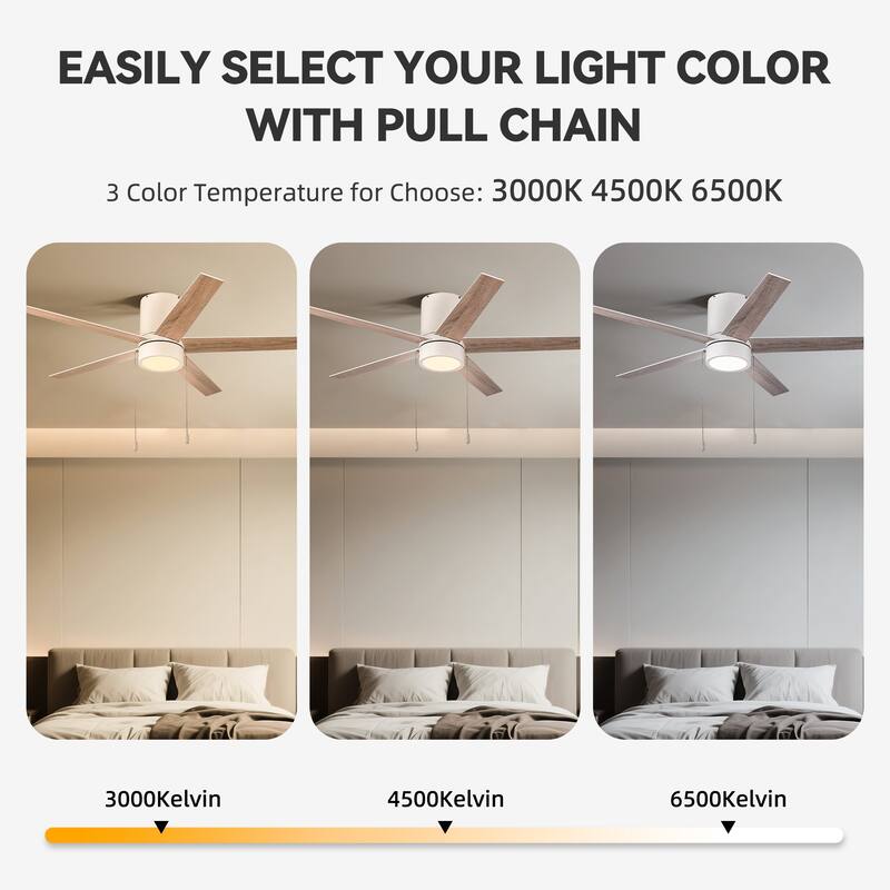 52 in. Indoor Flush Mount Ceiling Fan with 5 Blades & 18W 3CCT LED - 3 Finish Options, Pull Chain Control