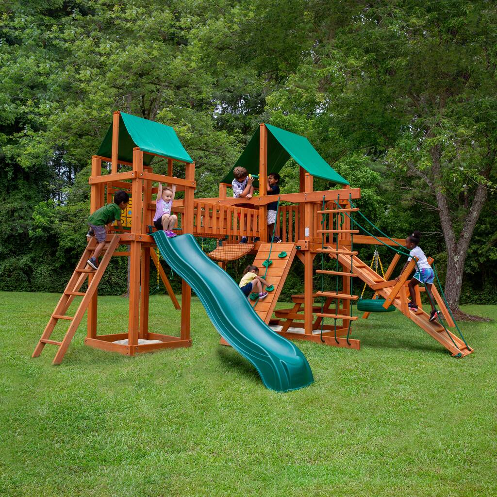 Gorilla Playsets Pioneer Peak Wood Swing Set with Clatter Bridge and Tire Swing