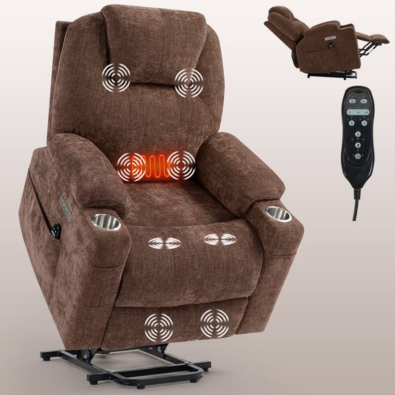 Heavy Duty Chenille Power Lift Recliner for Elderly with Massage, Heating, USB Ports and Cup Holders