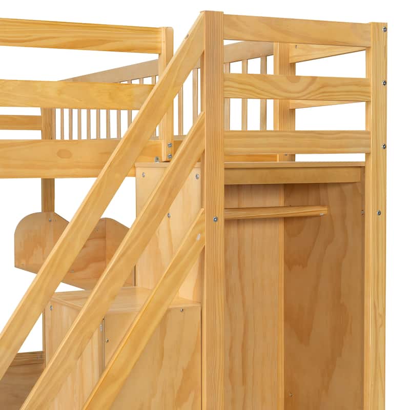 Queen Wooden Loft Bed with Storage Staircase, Wardrobe & Shelving by Harper&Bright Designs