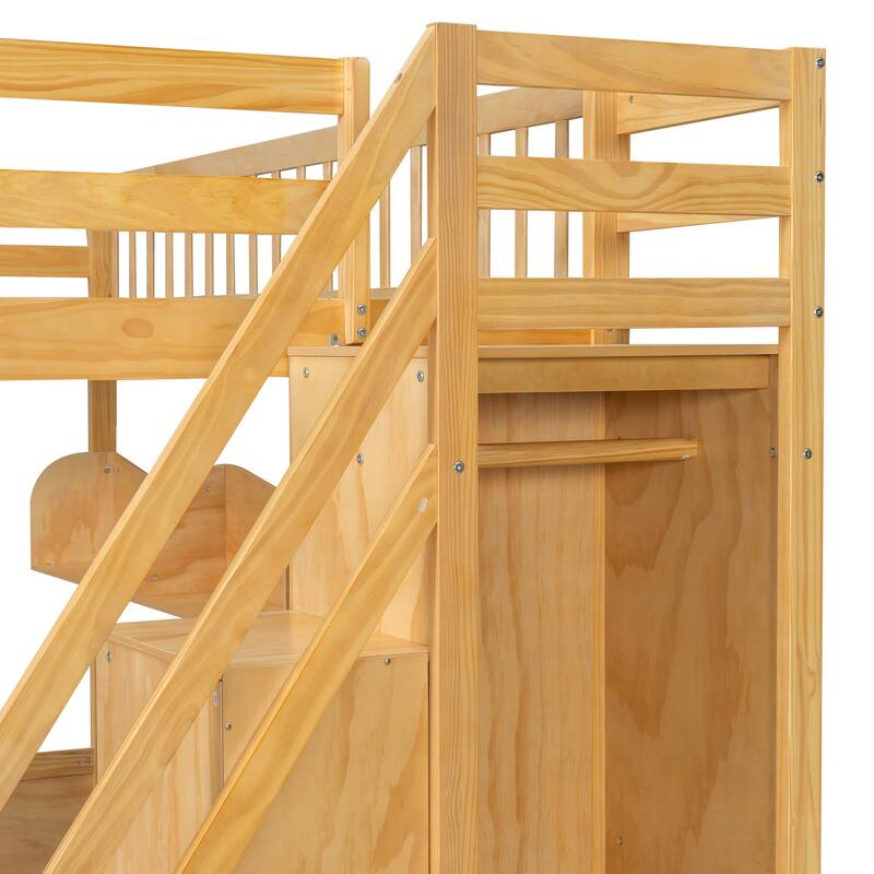 Queen Wooden Loft Bed with Storage Staircase Wardrobe, 2 Side Shelves, 3 Storage Shelves and Versatile Under-Bed Space