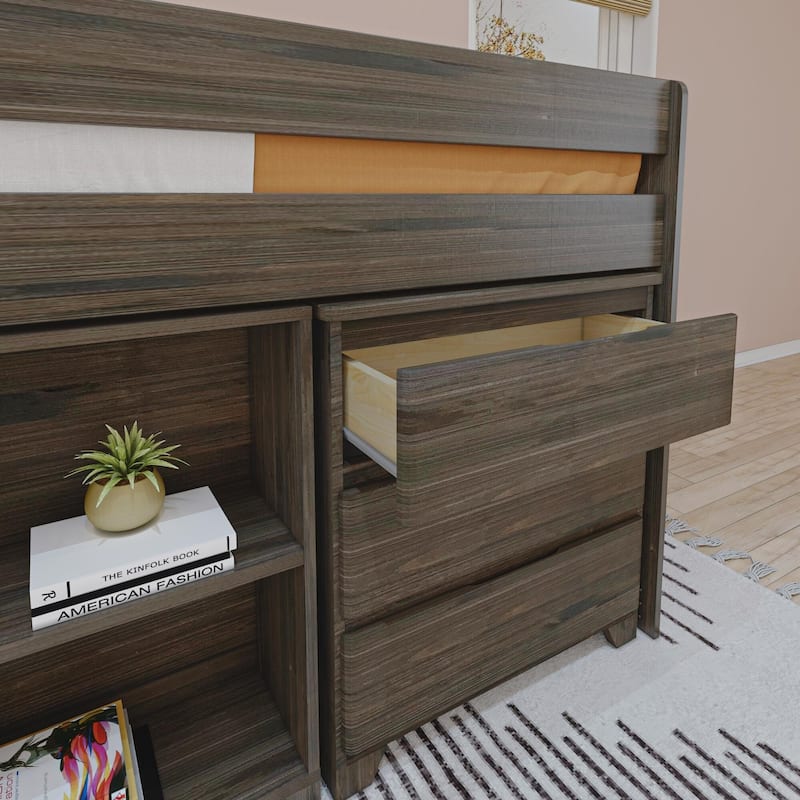 Max and Lily Farmhouse Twin Low Loft with Dresser and Bookcase